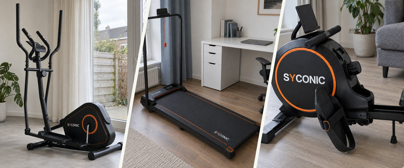 Syconic crosstrainer, walking pad en roeitrainer, elk in een woonkamer